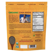 Mayorga organic chia seeds pouch back with nutrition facts and label text panels