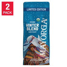 Organic whole bean coffee, dark roast winter blend, 2-pack pouch with limited edition label