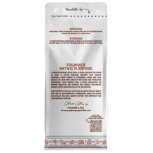 Organic coffee bag back with brewing, storage, and founded with a purpose text