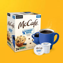 Keurig McCafé Blueberry Muffin coffee package with blue mug and K-Cup pods