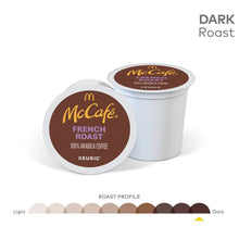McCafe French Roast Dark K-Cup pods with white lids, 100% arabica coffee