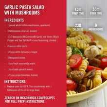 Garlic pasta salad recipe panel with mushrooms, prep and cook times, and ingredient list