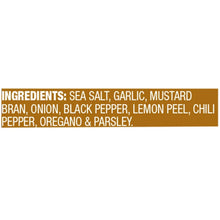 Ingredients label: sea salt, garlic, mustard bran, onion, black pepper, lemon peel, chili pepper