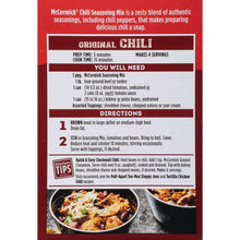 Cooking directions and serving details for original chili seasoning mix