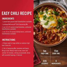 Chili recipe instructions panel beside a bowl of chili with toppings