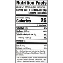 Nutrition facts label for chili seasoning mix, calories and daily values panel