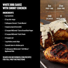 Recipe card featuring white BBQ sauce with smoky chicken and cooking times.
