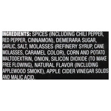 Ingredients label for spice rub: spices, chili pepper, garlic, salt, molasses, natural flavor