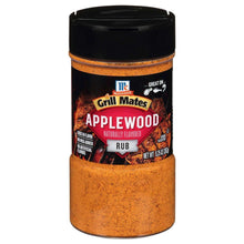 Seasoning rub jar with black lid, Applewood flavor, orange-brown powder.