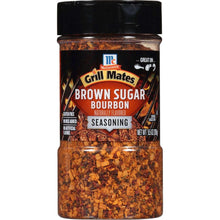Grill Mates Brown Sugar Bourbon seasoning bottle with dark cap and orange-brown granules