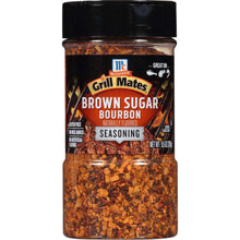 McCormick Grill Mates Brown Sugar Bourbon Seasoning bottle, black lid, orange-brown spice