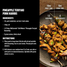 Pineapple Teriyaki pork kabobs recipe card with prep time, cook time, and servings
