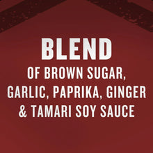 Seasoning blend label: blend of brown sugar, garlic, paprika, ginger, tamari soy sauce