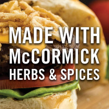 Burger sandwich with lettuce and text: Made with McCormick herbs & spices