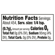 Nutrition Facts panel for seasoning, serving size 1/4 tsp, calories 0, sodium 95 mg