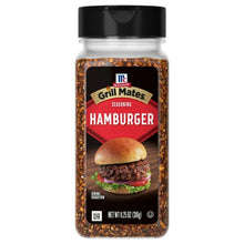 McCormick Grill Mates hamburger seasoning bottle with red label and spice particles