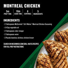 Recipe card for Montreal Chicken: prep time, cook time, servings, and ingredients
