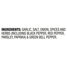 Ingredients label listing garlic, salt, onion, spices, herbs