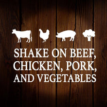 Shake on beef, chicken, pork, and vegetables sign with animal icons on wood