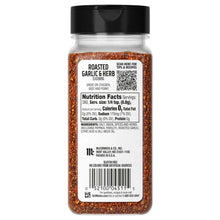 Back label of roasted garlic & herb seasoning bottle with nutrition and ingredients