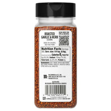 Roasted garlic & herb grill seasoning bottle back label with nutrition and ingredients