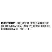 Ingredients panel for roasted garlic & herb seasoning, listing salt and herbs