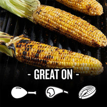 Grilled corn on a dark grill with overlay text and small flavor icons