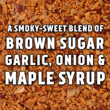 Granular spice blend background with text: brown sugar, garlic, onion, and maple syrup