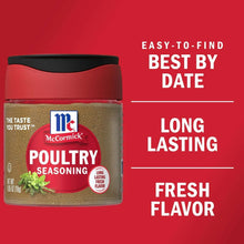 McCormick poultry seasoning bottle with red lid and best-by label