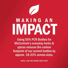 McCormick bottle packaging panel with sustainability message and note