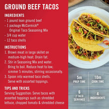 Ground beef taco recipe card with ingredients and serving time details