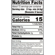 Taco seasoning mix nutrition facts panel with calories, sodium, and carbs
