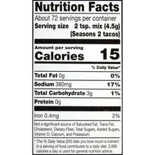 Nutrition Facts panel for taco seasoning mix, 15 calories per serving