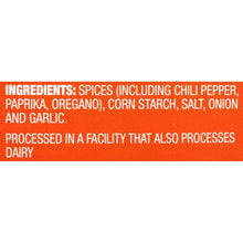 Taco seasoning mix ingredients and processing facility notice text panel