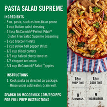 Green label showing 'PASTA SALAD SUPREME' ingredients and prep instructions