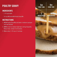 Poultry gravy mix instructions graphic with ingredient list and cook times