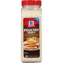 McCormick poultry gravy mix jar with red cap, beige powder inside