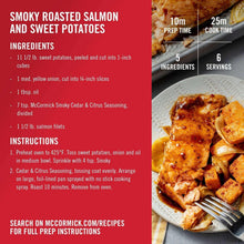 Recipe card for smoky roasted salmon and sweet potatoes with seasoning