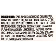 Seasoning bottle back label with ingredients text on white panel