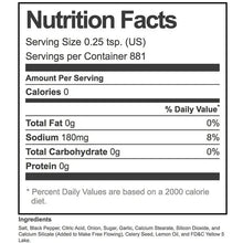 Nutrition Facts label for lemon-pepper seasoning with serving size 0.25 tsp