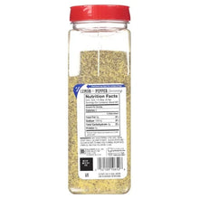 Seasoning bottle with red cap, yellow lemon-pepper blend, back label Nutrition Facts