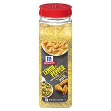 Seasoning bottle with red cap, McCormick Lemon Pepper front label, yellow spice granules
