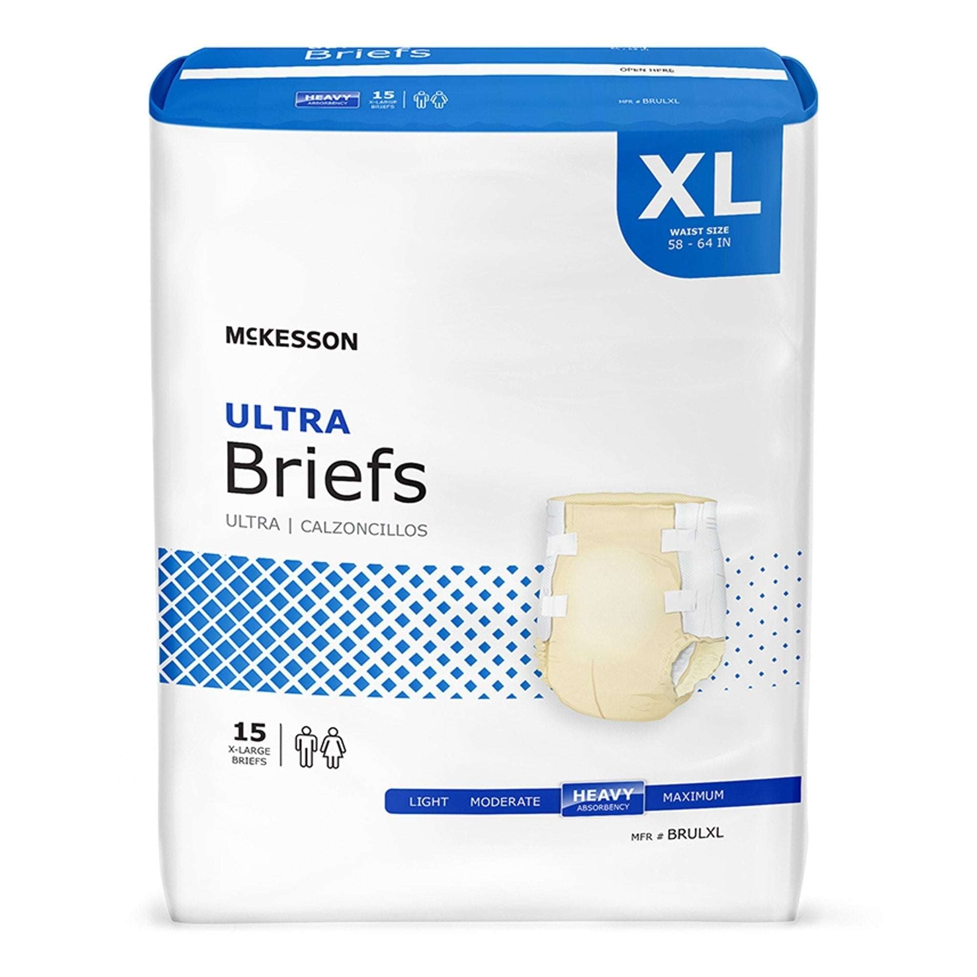 McKesson Ultra Incontinence Briefs - Absorbent, Disposable, Unisex - XL, 15 Count, 4 Packs, 60 Total
