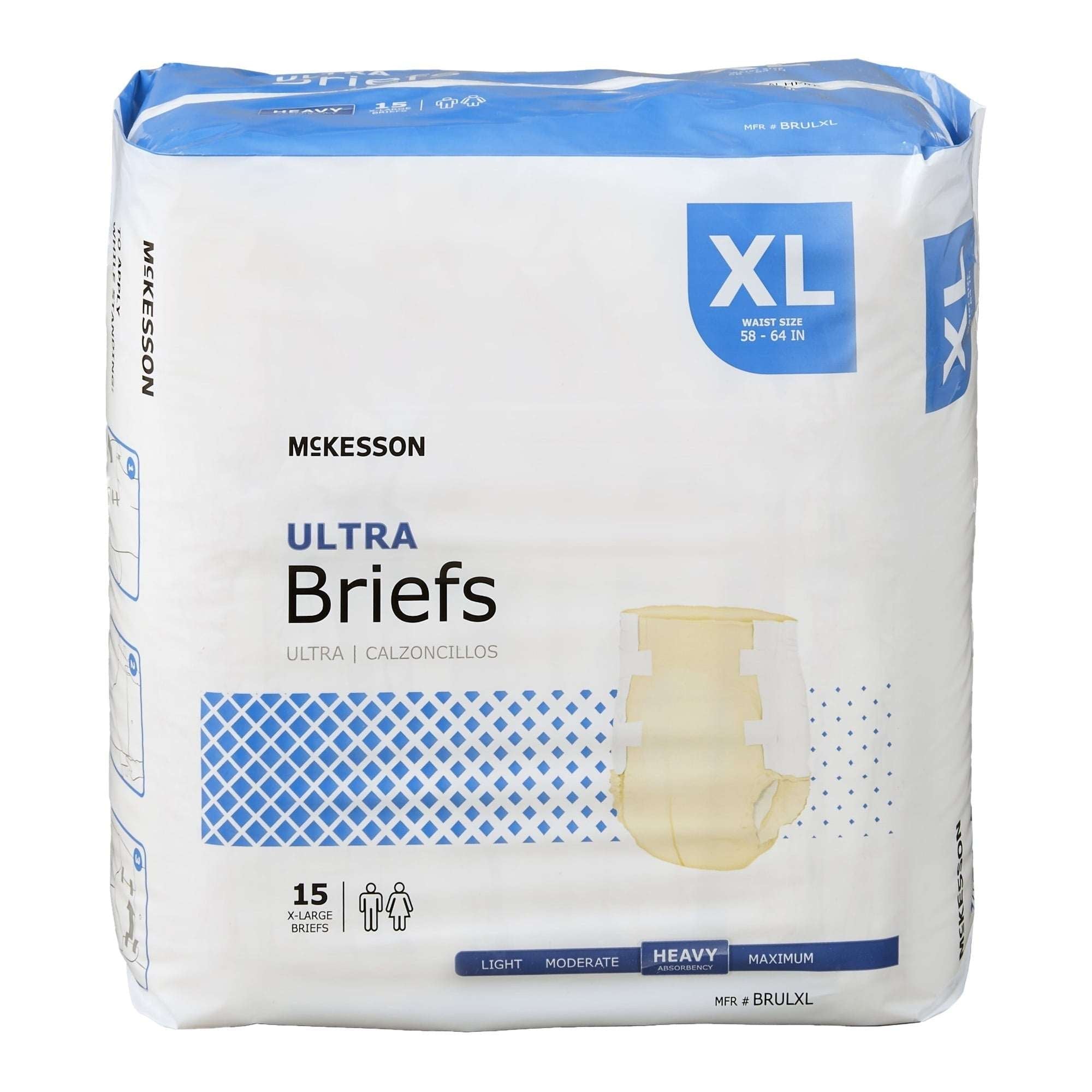 McKesson Ultra Incontinence Briefs - Absorbent, Disposable, Unisex - XL, 15 Count, 4 Packs, 60 Total