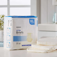XL disposable incontinence briefs package with folded briefs stacked beside it