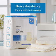 XL disposable incontinence briefs box with folded briefs stacked in front