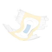 Disposable incontinence briefs with beige fabric, blue center panel, and leg-cuff protection