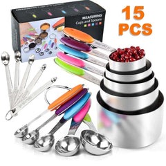 Measuring Cups and Spoons Set of 15, Kitchen Measuring Tool with Colored Silicone Handle, Including 5 Nesting Measuring Cups, 5 Spoons, 5 Mini Spoons Stainless Steel for Cooking Baking