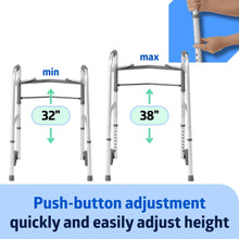 Folding walker shown folded and height adjustment range on side rails