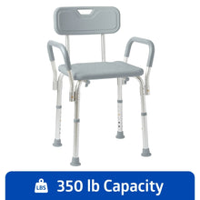 Gray bath and shower chair with backrest and armrests, padded seat